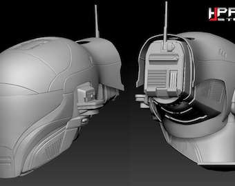 May include: A 3D model of a futuristic helmet with a visor, antennas, and various details. The helmet is rendered in a gray color.