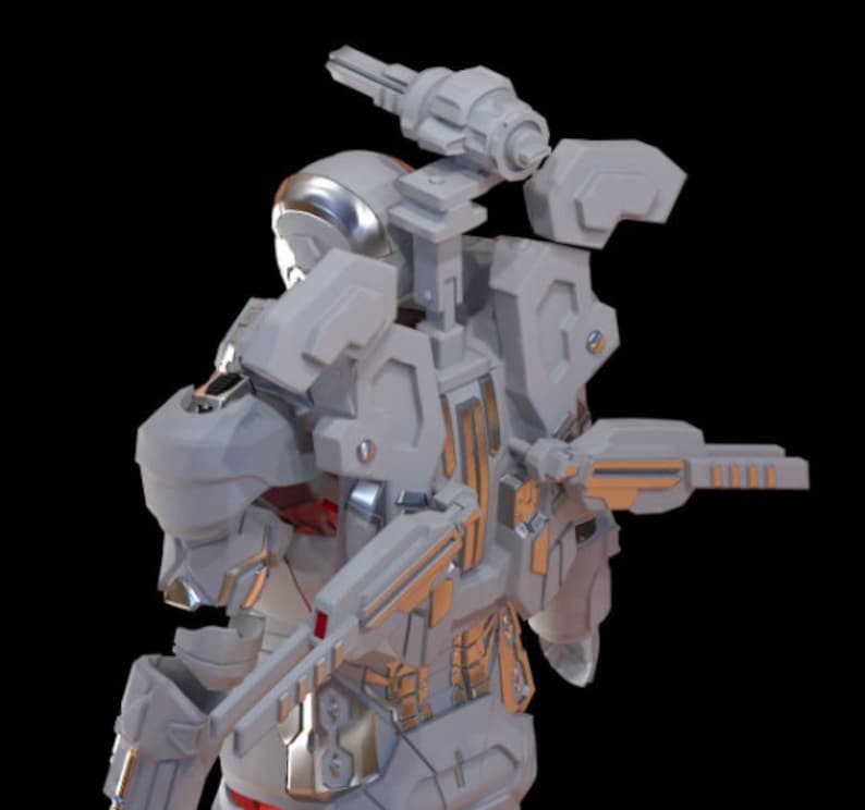 Puede incluir: Una figura de robot blanca y plateada con un dise&ntilde;o detallado. El robot tiene una mochila grande y articulada con m&uacute;ltiples armas y accesorios.