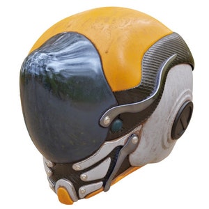 May include: A futuristic helmet with a yellow, white, and black design. The helmet has a visor and a variety of details, including a carbon fiber texture.