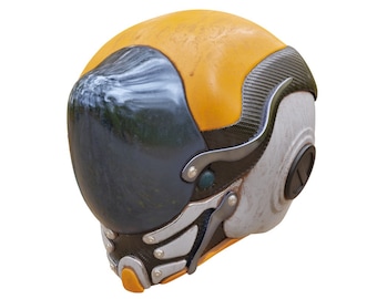 May include: A futuristic helmet with a yellow, white, and black design. The helmet has a visor and a variety of details, including a carbon fiber texture.