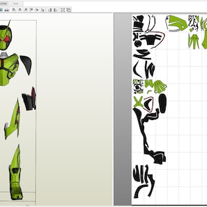 May include: A green and black papercraft model of a superhero, with a helmet and a detailed suit. The model is assembled and standing on a white background. The model is 207 cm tall.