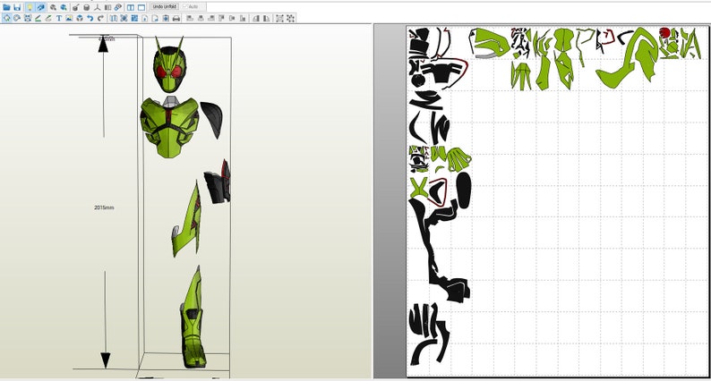 May include: A green and black papercraft model of a superhero, with a helmet and a detailed suit. The model is assembled and standing on a white background. The model is 207 cm tall.