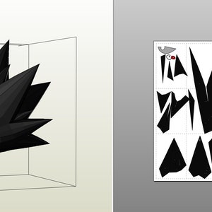 May include: A black and gold papercraft model of a bird head. The model is 420mm tall and 140mm wide. The model is made up of multiple pieces that are cut out and assembled.