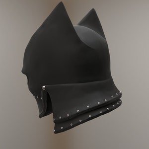 May include: Black helmet with pointed ear-like protrusions and a decorative row of metal rivets around the bottom edge.