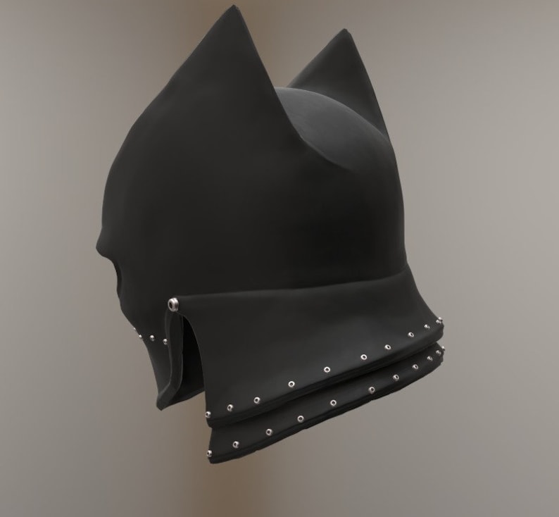 May include: Black helmet with pointed ear-like protrusions and a decorative row of metal rivets around the bottom edge.