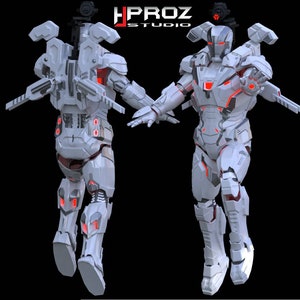 Puede incluir: Un traje de robot blanco y rojo con luces rojas brillantes. El traje tiene un casco con una visera roja y una placa de pecho con una luz roja. El traje está de pie sobre un fondo negro.