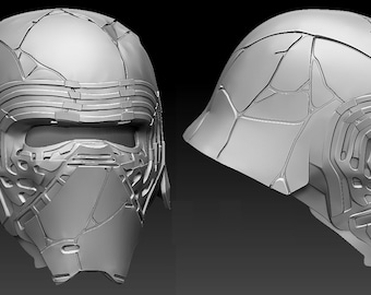 May include: A gray, detailed, 3D printed helmet with a textured surface. The helmet has a visor and a chin guard.