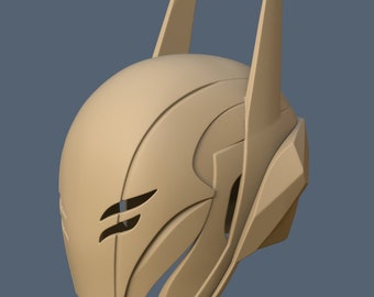 May include: A 3D printed helmet with a futuristic design. The helmet is beige and has a sharp, angular shape with a pointed top.