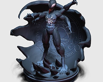 May include: A black and red figurine of a superhero with four arms, standing on a broken stone base with a circular design. The figure has a spider symbol on its chest and a long, red tongue.