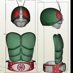 May include: A 3D printable model of a green and red helmet with a large red eye and a black mouth. The helmet is part of a costume for a superhero character. The model is designed by HEROZ Studio.