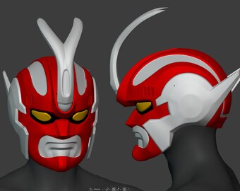 May include: A red and white helmet with a yellow visor and a white antenna. The helmet has a detailed design with a sharp, pointed shape.