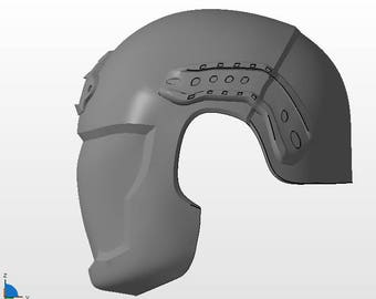 May include: A gray 3D model of a helmet with a textured surface and several small, round holes. The helmet has a curved shape and a visor.