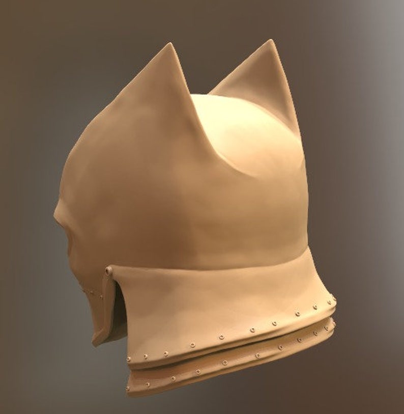 May include: A beige helmet with a pointed top and two ear flaps. The helmet has a textured surface and is decorated with small metal rivets.