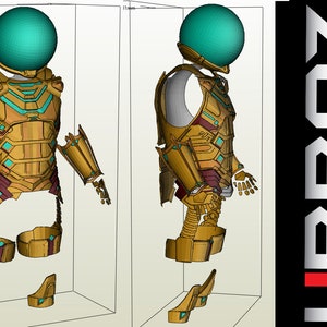 May include: A 3D printed model of a futuristic suit of armor with a teal helmet. The suit is made up of multiple pieces, including a chest plate, shoulder pads, arm guards, leg guards, and boots. The model is shown from two different angles.