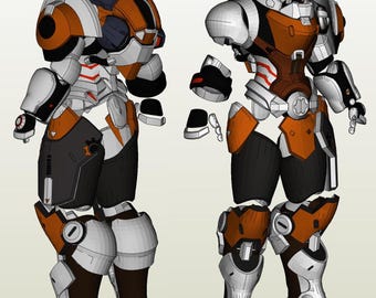 May include: A white and orange robot suit with multiple pieces, including a helmet, torso, arms, legs, and feet. The suit is designed for cosplay or costume making.