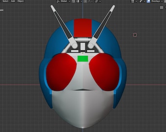 Puede incluir: Un casco azul y rojo con una visera blanca y dos antenas negras. El casco tiene dos grandes ojos rojos.