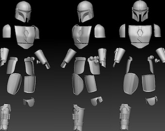 May include: A 3D printed model of a Mandalorian helmet and armor, disassembled into individual pieces. The model is made of a light gray plastic and is ready for painting.