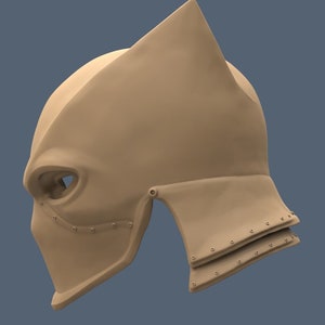 May include: A brown helmet with a pointed top and a face mask. The helmet has a series of rivets along the edges.