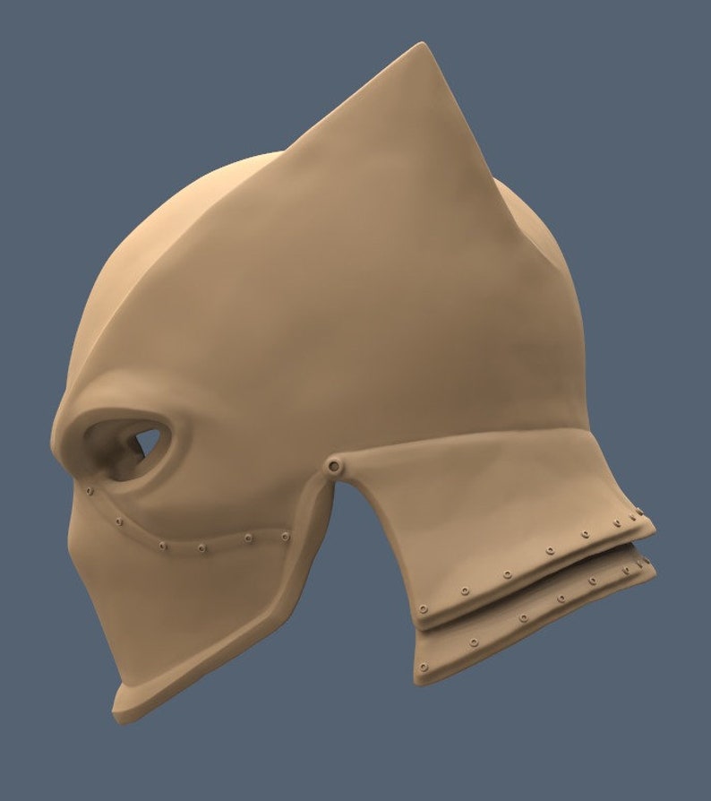 May include: A brown helmet with a pointed top and a face mask. The helmet has a series of rivets along the edges.