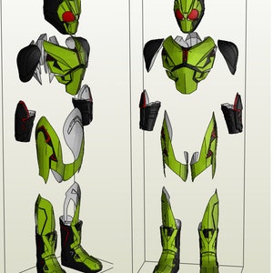May include: A green and black papercraft model of a superhero with red accents. The model is disassembled into multiple pieces, including the head, torso, arms, legs, and boots. The pieces are laid out on a white background.