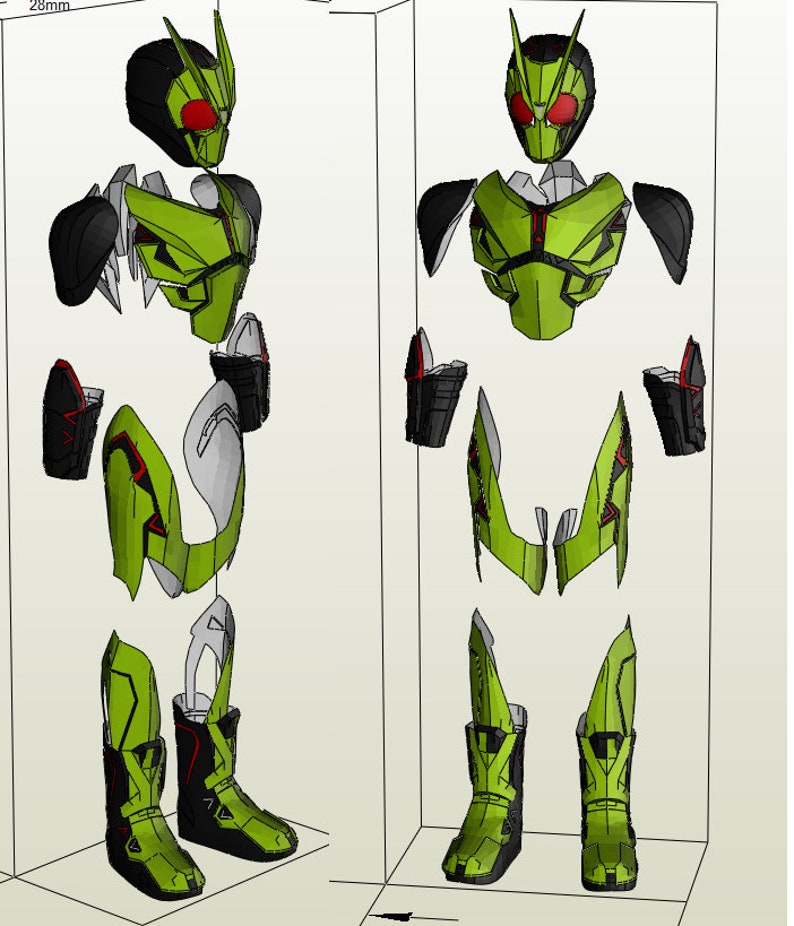 May include: A green and black papercraft model of a superhero with red accents. The model is disassembled into multiple pieces, including the head, torso, arms, legs, and boots. The pieces are laid out on a white background.