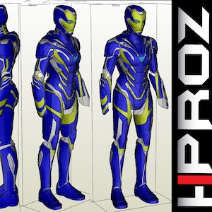 May include: A blue and yellow 3D papercraft model of a superhero in a futuristic suit. The model is shown from three different angles.
