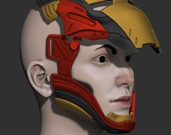 May include: A red, yellow, and black 3D printed helmet with a face mask. The helmet is designed to look like a superhero's helmet.