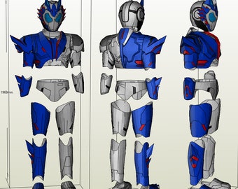 May include: A blue and red papercraft model of a robot with a helmet and wings. The model is disassembled into multiple pieces, including the head, torso, arms, legs, and feet. The model is 19.69 inches tall and 7.38 inches wide.