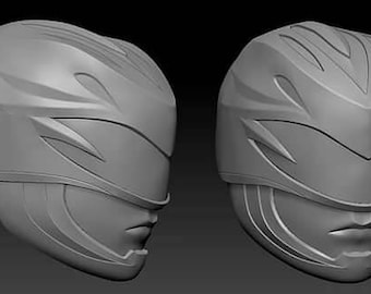May include: A 3D model of a white Power Ranger helmet. The helmet has a visor and a distinctive design with sharp angles and lines.