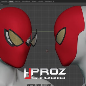 Op de afbeelding: Een 3D-model van een rood-wit masker met een zwart spinnenontwerp. Het masker wordt gemodelleerd in een 3D-ontwerpprogramma.