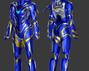 Puede incluir: Una armadura metálica azul y dorada con un casco. El traje tiene un diseño elegante y moderno con ángulos y curvas afiladas. La armadura está detallada con acentos plateados y tiene una capa fluida.
