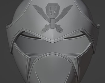 May include: A gray 3D model of a helmet with a pirate skull and crossbones design on the top. The helmet has a visor and a chin guard.