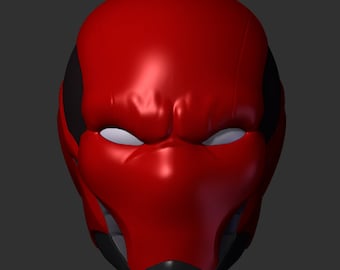 May include: A red and black superhero mask with a sleek, futuristic design. The mask has a prominent, angular brow and a narrow, pointed chin.