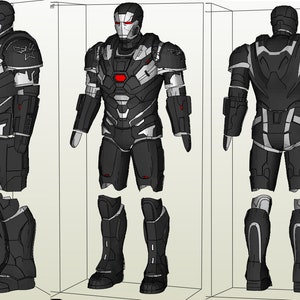 May include: A black and silver Iron Man suit with red accents. The suit is shown in three views: front, side, and back. The suit is made up of separate pieces, including the helmet, chest plate, arms, legs, and boots.