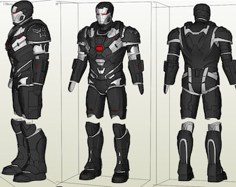 Puede incluir: Un traje de Iron Man negro y plateado con detalles rojos. El traje se muestra en tres vistas: frontal, lateral y posterior. El traje está formado por piezas separadas, incluyendo el casco, la placa del pecho, los brazos, las piernas y las botas.