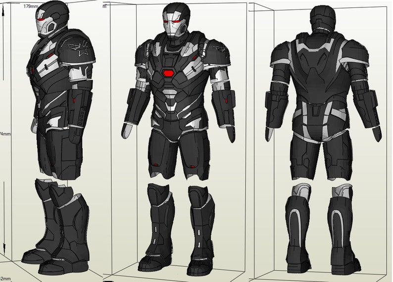 May include: A black and silver Iron Man suit with red accents. The suit is shown in three views: front, side, and back. The suit is made up of separate pieces, including the helmet, chest plate, arms, legs, and boots.