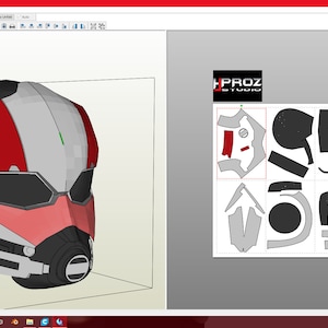 Puede incluir: Un modelo 3D de un casco rojo, blanco y negro con una visera. El casco está diseñado para parecerse al casco de Ant-Man del Universo Cinematográfico Marvel. La imagen también muestra una plantilla para hacer el casco de papel.