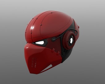 May include: A red and black futuristic helmet with a visor and a side-mounted speaker. The helmet has a sleek, aerodynamic design.