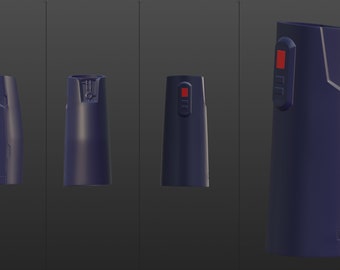 May include: A dark blue, cylindrical object with a red button and a series of black lines on the side. The object has a rounded top and bottom.