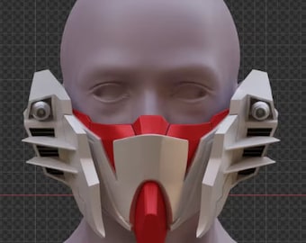 May include: A white and red futuristic mask with a sharp, angular design. The mask has a red mouthpiece and two side panels with vents.