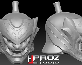 Puede incluir: Un modelo impreso en 3D de un casco con un diseño de cara de animal estilizado. El casco es gris y tiene una superficie texturizada. El casco tiene una parte superior puntiaguda y una boca grande y abierta.