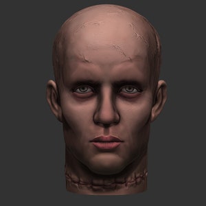 Puede incluir: Primer plano de una cabeza humana esculpida con un cuello cosido. La cabeza está calva y tiene una apariencia realista con rasgos detallados.