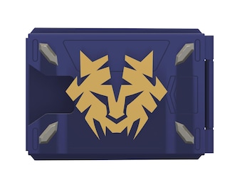 May include: A blue and silver folding wallet with a gold wolf emblem in the center.