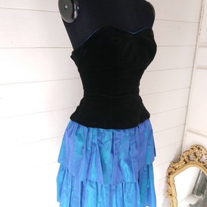 Size 8 Vintage Laura Ashley Dress with Black Velvet Boned Bodice and Blue Taffeta Rah Rah Skirt, from Miss Pigeon Vintage image 1
