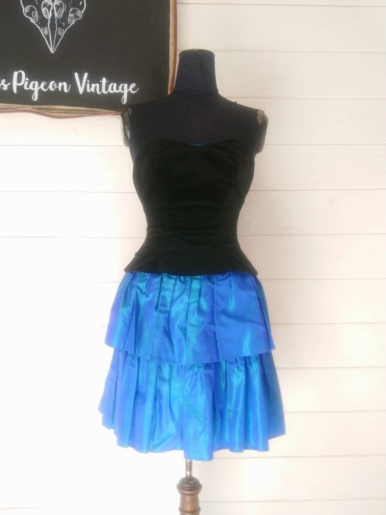 Size 8 Vintage Laura Ashley Dress with Black Velvet Boned Bodice and Blue Taffeta Rah Rah Skirt, from Miss Pigeon Vintage image 3