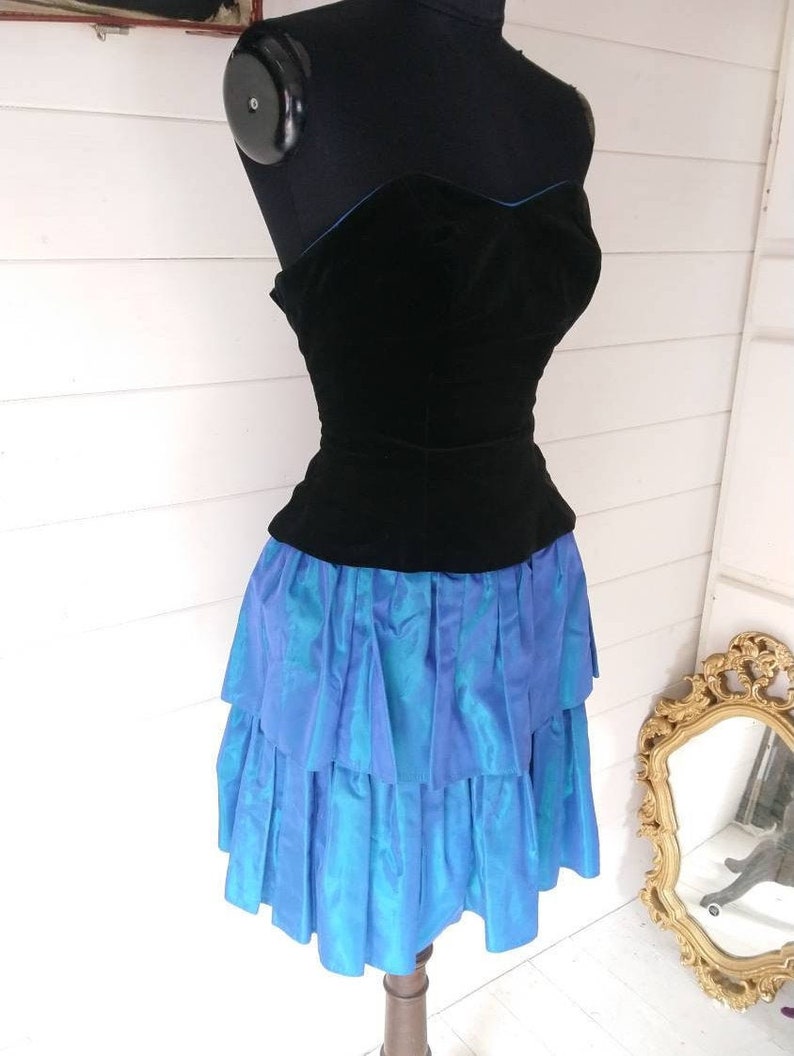 Size 8 Vintage Laura Ashley Dress with Black Velvet Boned Bodice and Blue Taffeta Rah Rah Skirt, from Miss Pigeon Vintage