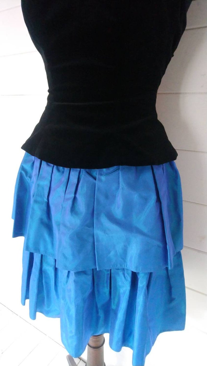 Size 8 Vintage Laura Ashley Dress with Black Velvet Boned Bodice and Blue Taffeta Rah Rah Skirt, from Miss Pigeon Vintage image 4