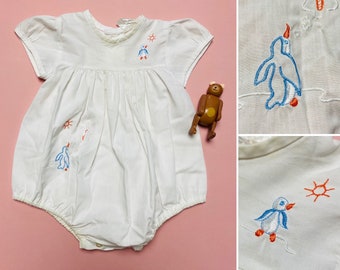 Vintage Baby Romper with Embroidered Penguin Motifs, Vintage Baby Outfit with Penguins, Vintage Penguin Baby Suit from Miss Pigeon Vintage