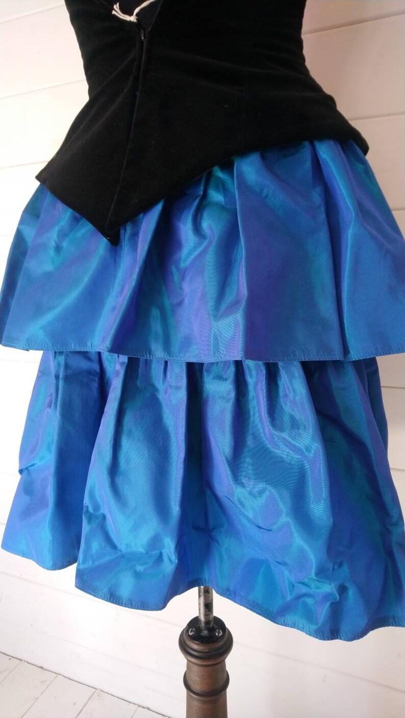 Size 8 Vintage Laura Ashley Dress with Black Velvet Boned Bodice and Blue Taffeta Rah Rah Skirt, from Miss Pigeon Vintage image 7