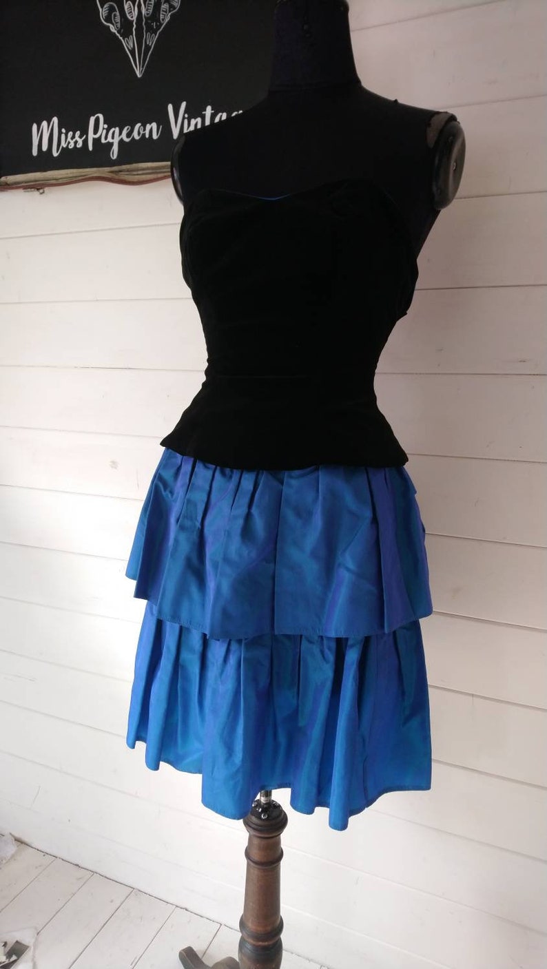 Size 8 Vintage Laura Ashley Dress with Black Velvet Boned Bodice and Blue Taffeta Rah Rah Skirt, from Miss Pigeon Vintage image 2